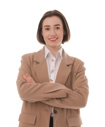 Photo of Portrait of confident secretary on white background