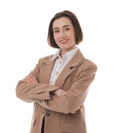 Photo of Portrait of confident secretary on white background