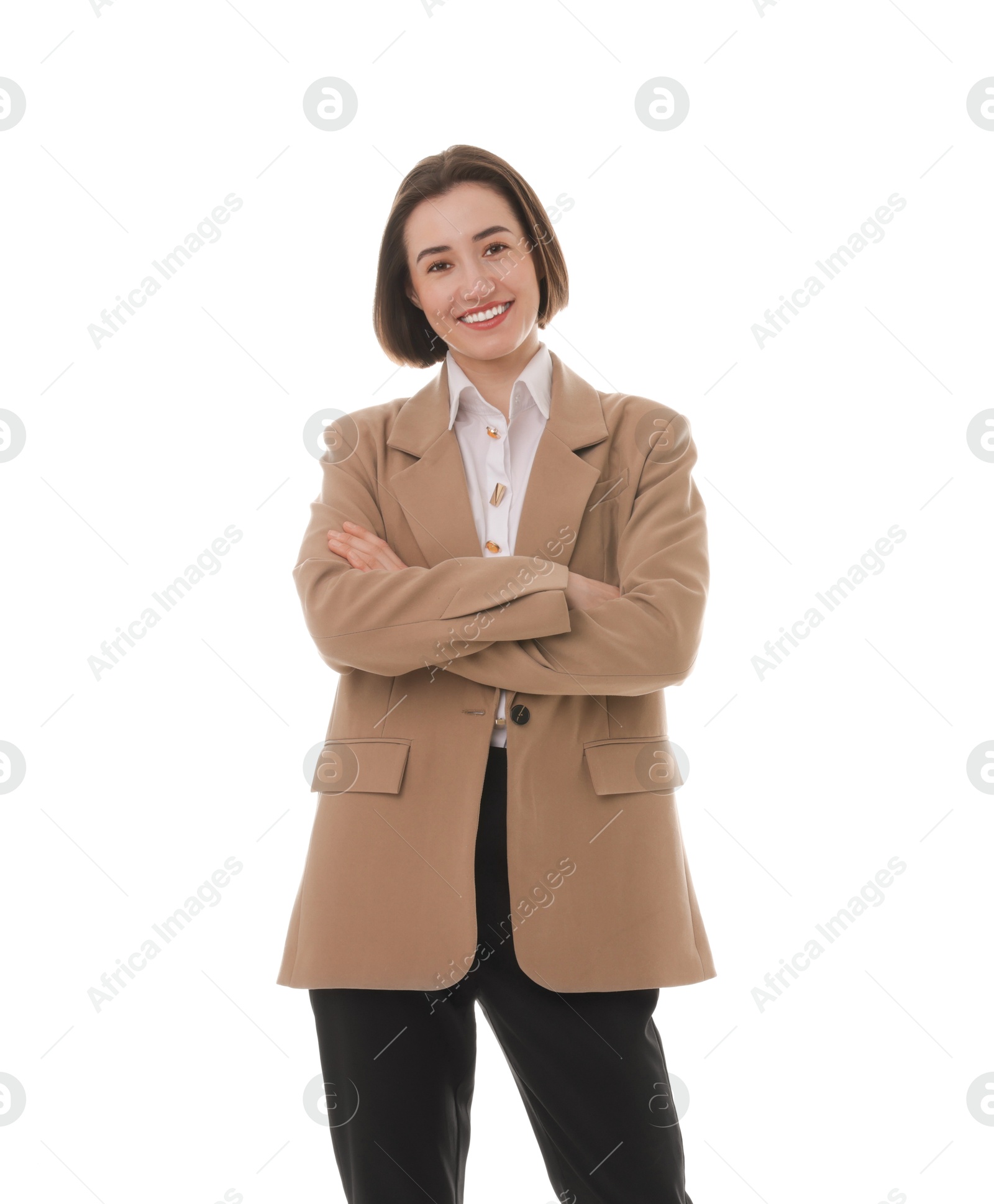 Photo of Portrait of confident secretary on white background