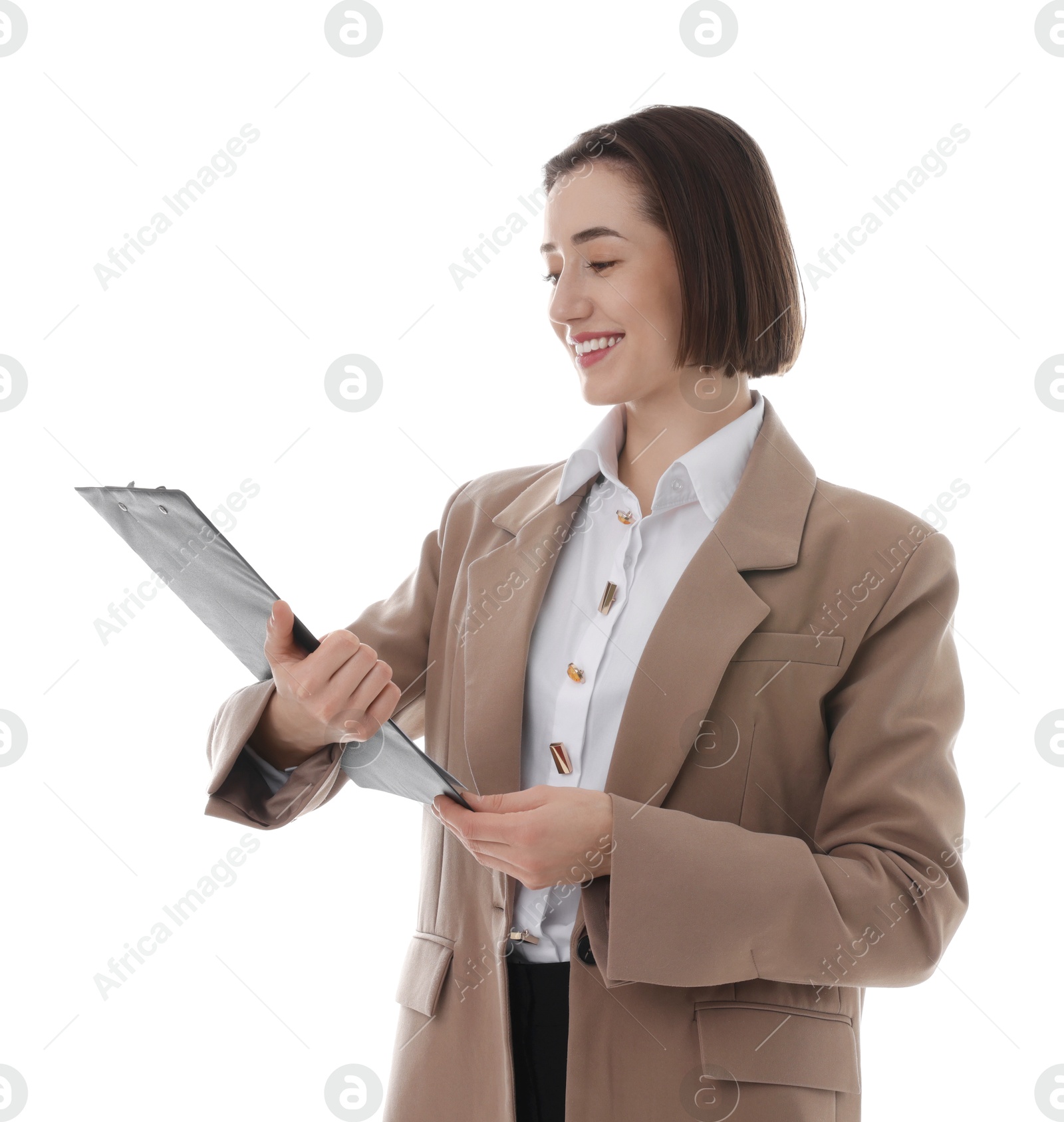 Photo of Smiling secretary with clipboard on white background