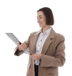 Smiling secretary with clipboard on white background