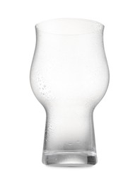 Photo of One empty beer glass isolated on white