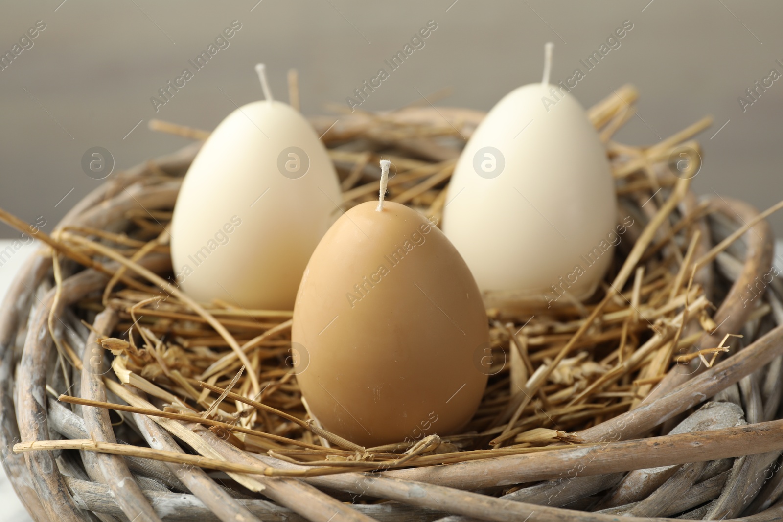 Photo of Egg-shaped candles in nest on light gray background, closeup. Easter decor