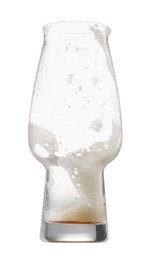 Photo of One empty beer glass with foam isolated on white