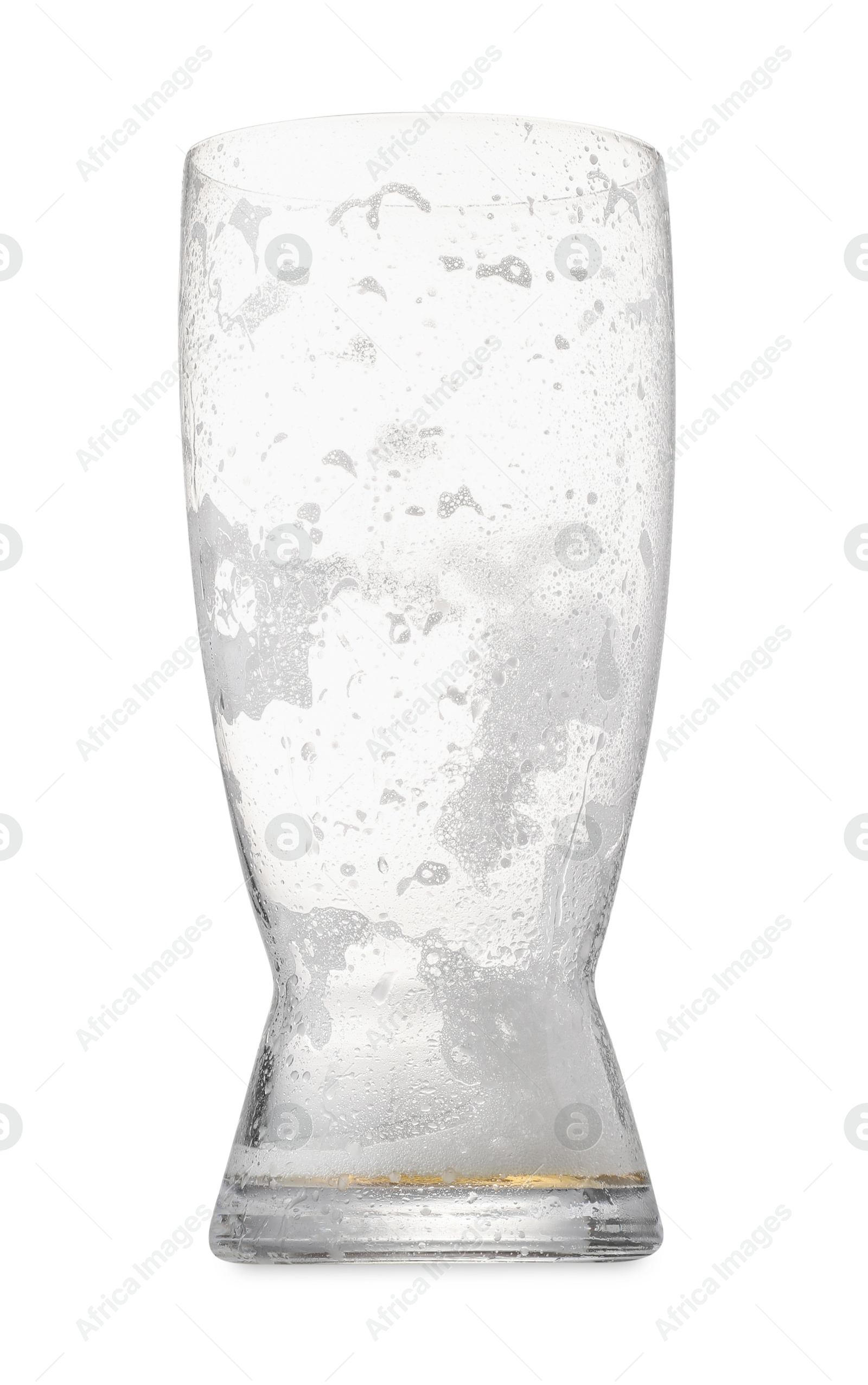 Photo of One empty beer glass with foam isolated on white