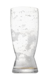 One empty beer glass with foam isolated on white