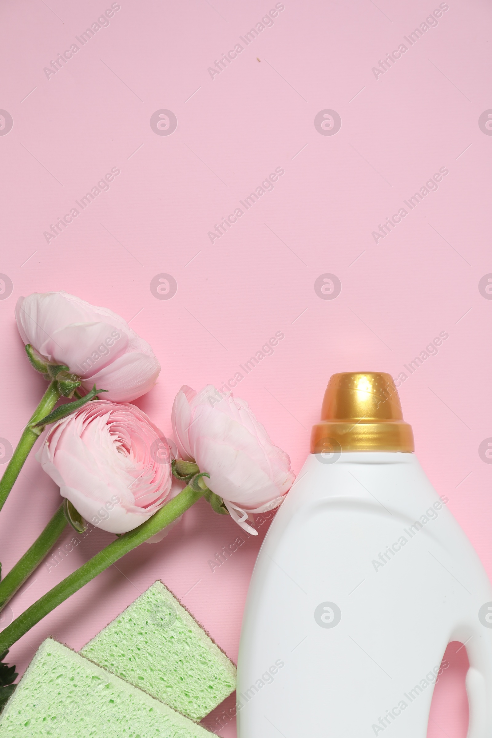 Photo of Spring cleaning. Detergent, sponges and flowers on pink background, flat lay. Space for text