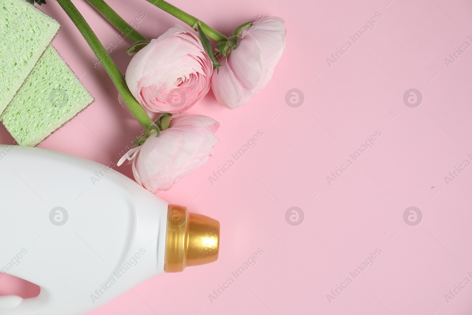 Photo of Spring cleaning. Detergent, sponges and flowers on pink background, flat lay. Space for text