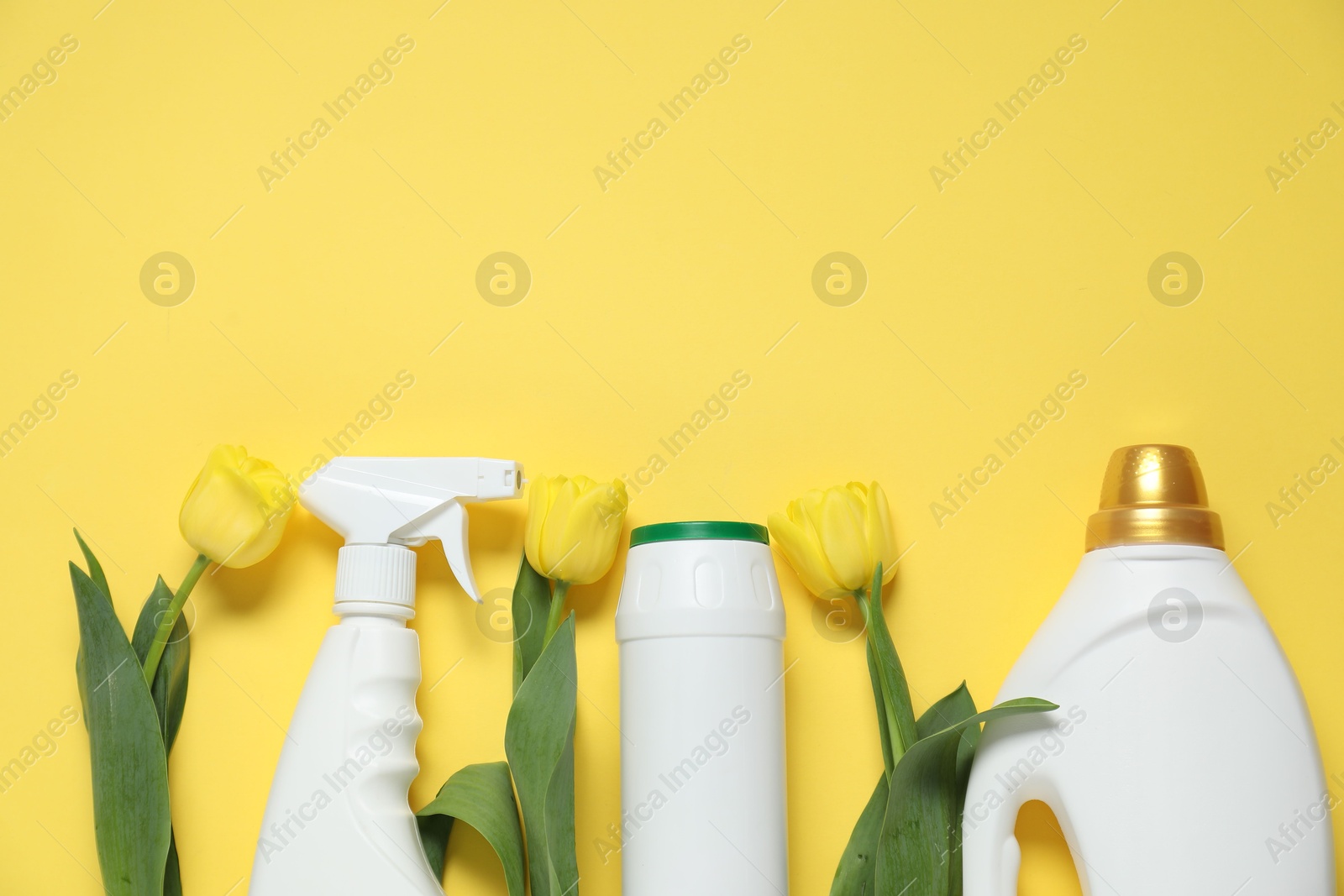 Photo of Spring cleaning. Bottles with detergents and tulips on yellow background, flat lay. Space for text