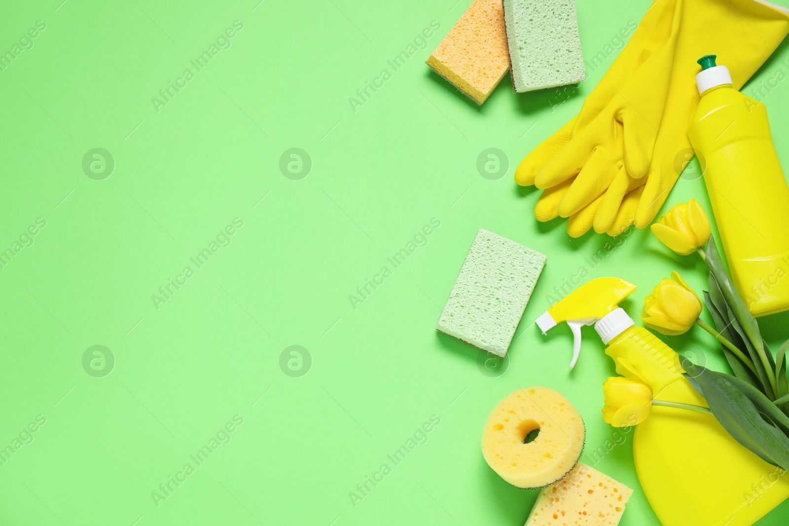 Photo of Spring cleaning. Detergents, supplies and tulips on green background, flat lay. Space for text