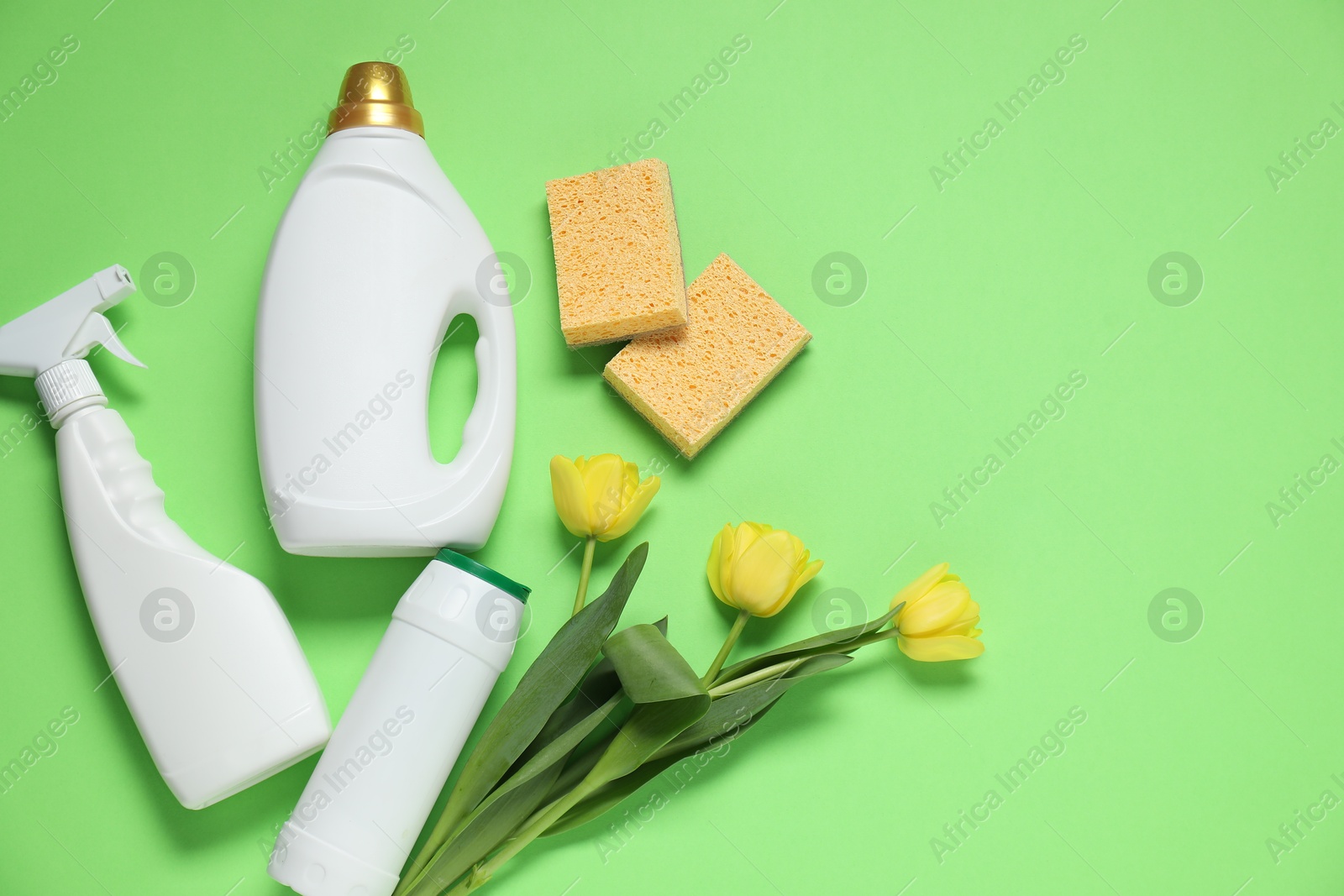 Photo of Spring cleaning. Detergents, sponges and tulips on green background, flat lay. Space for text