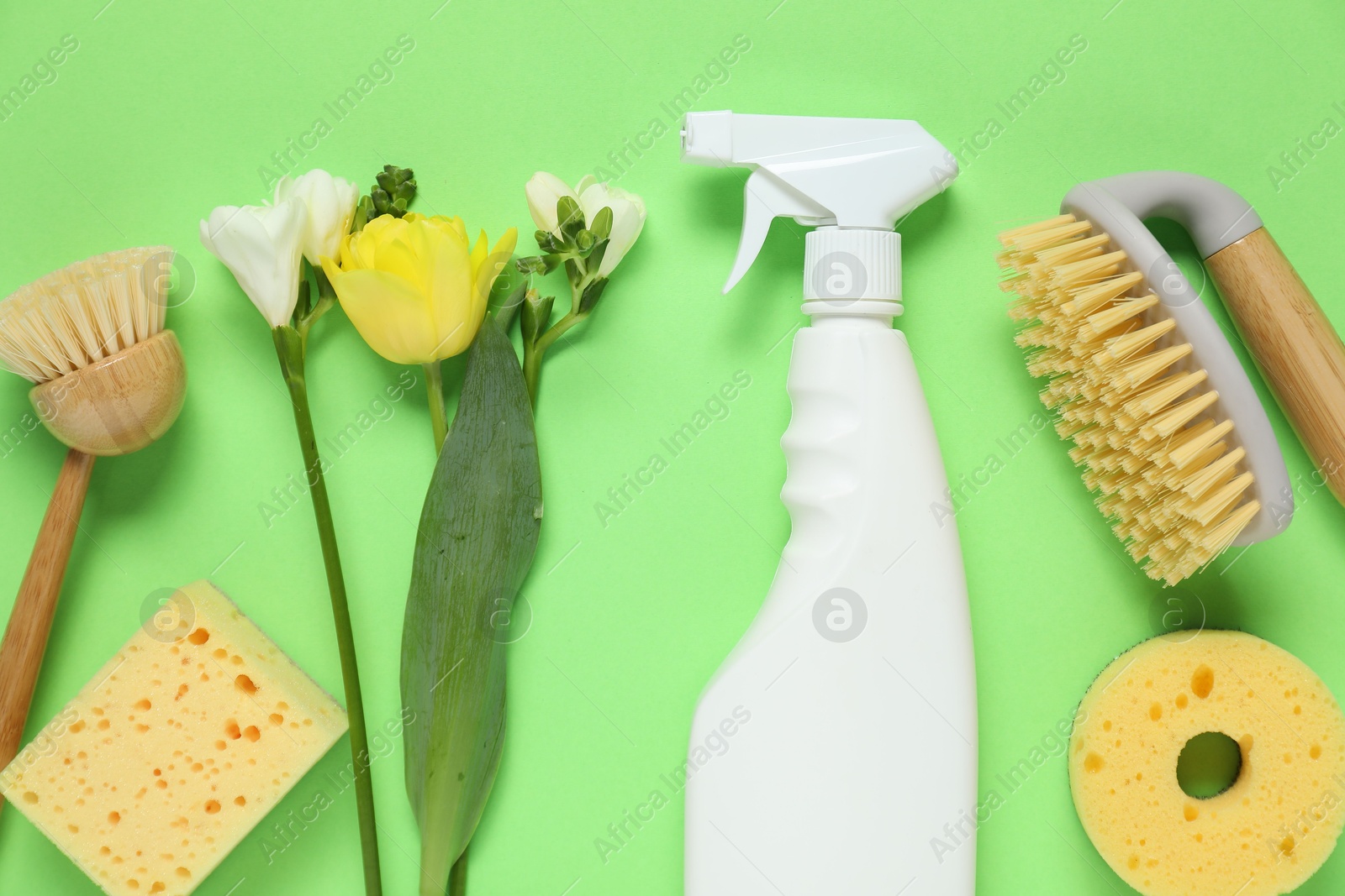 Photo of Spring cleaning. Detergent, supplies and flowers on green background, flat lay