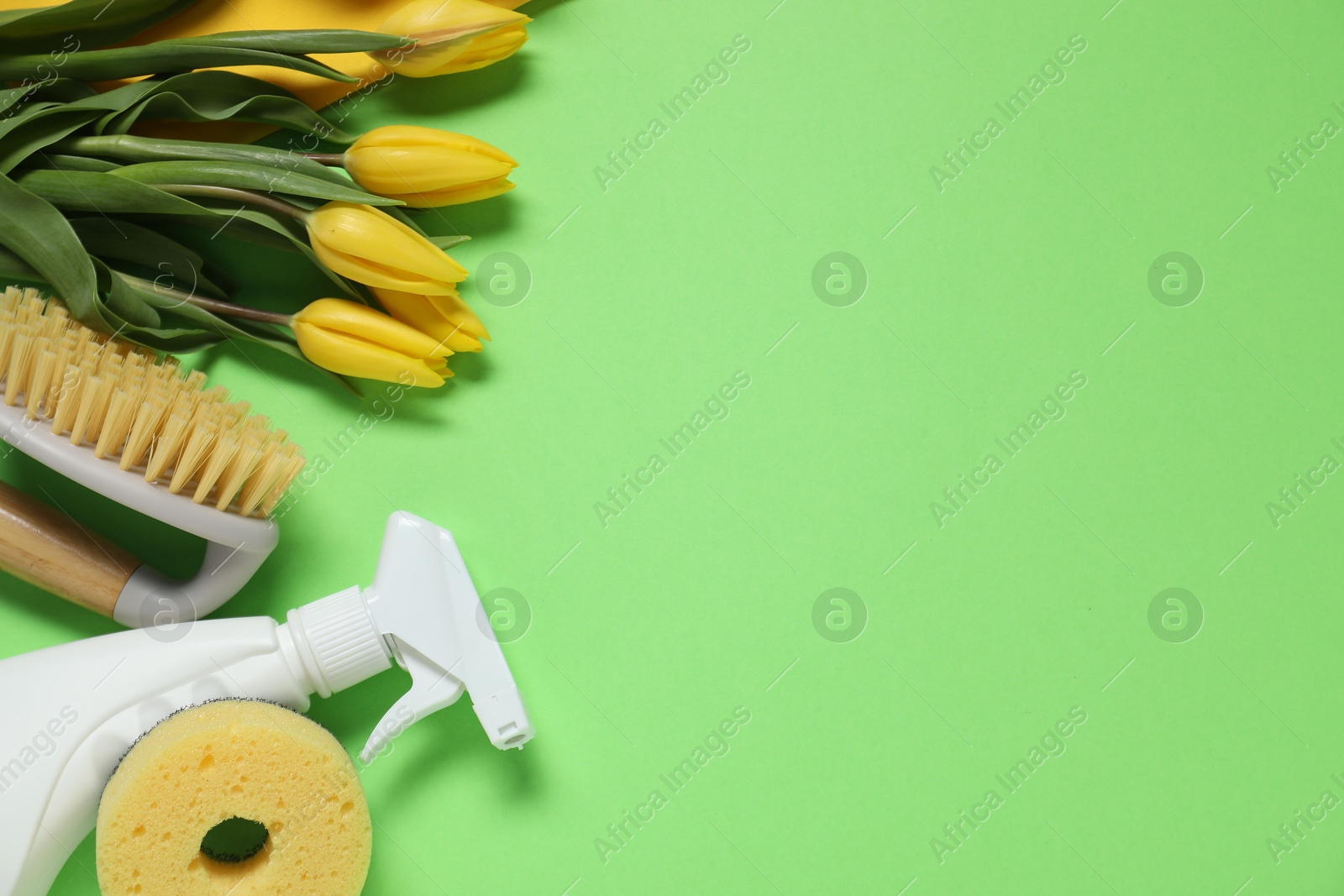 Photo of Spring cleaning. Detergent, supplies and tulips on green background, flat lay. Space for text