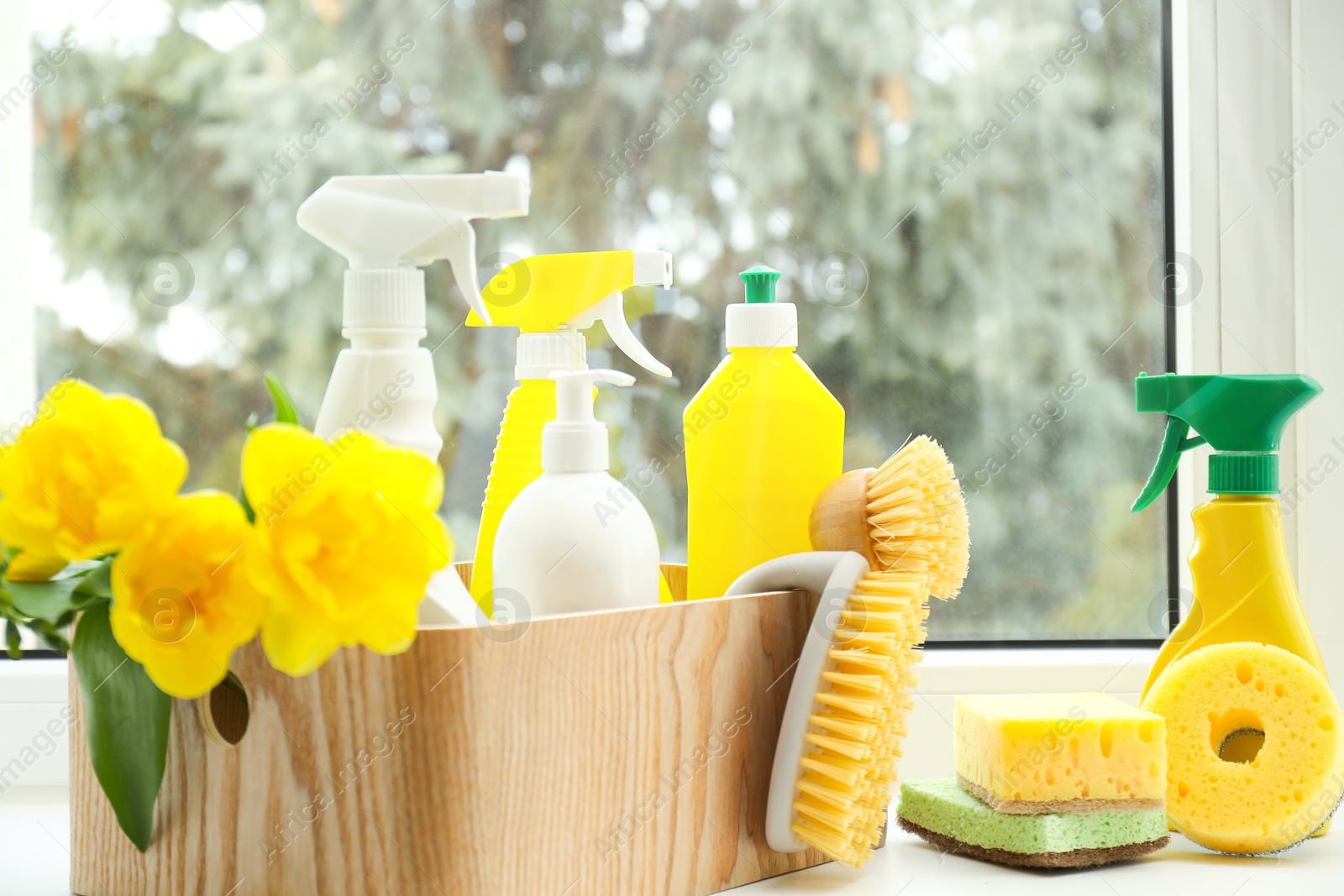 Photo of Spring cleaning. Detergents, supplies and flowers on windowsill indoors, closeup