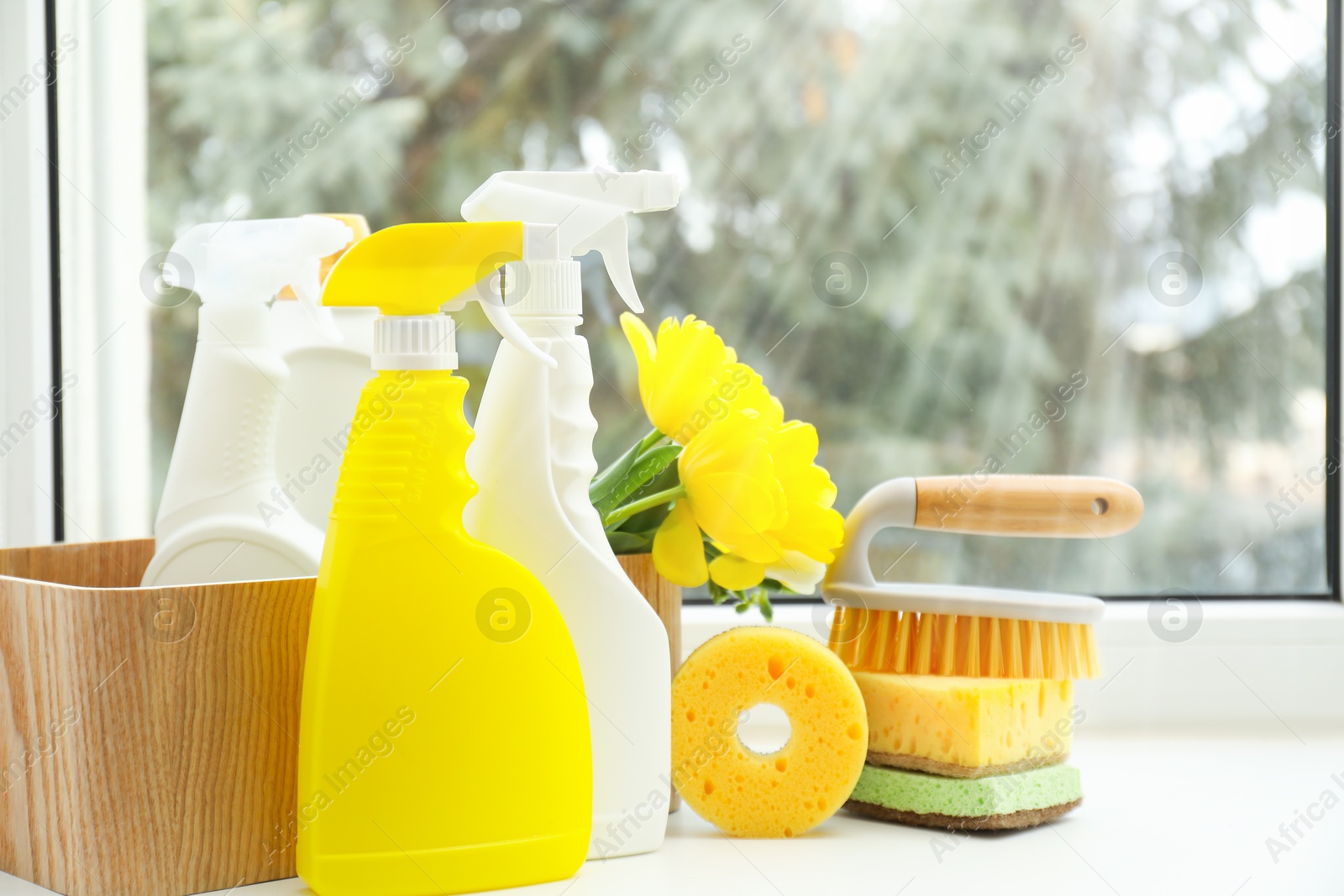 Photo of Spring cleaning. Detergents, supplies and flowers on windowsill indoors