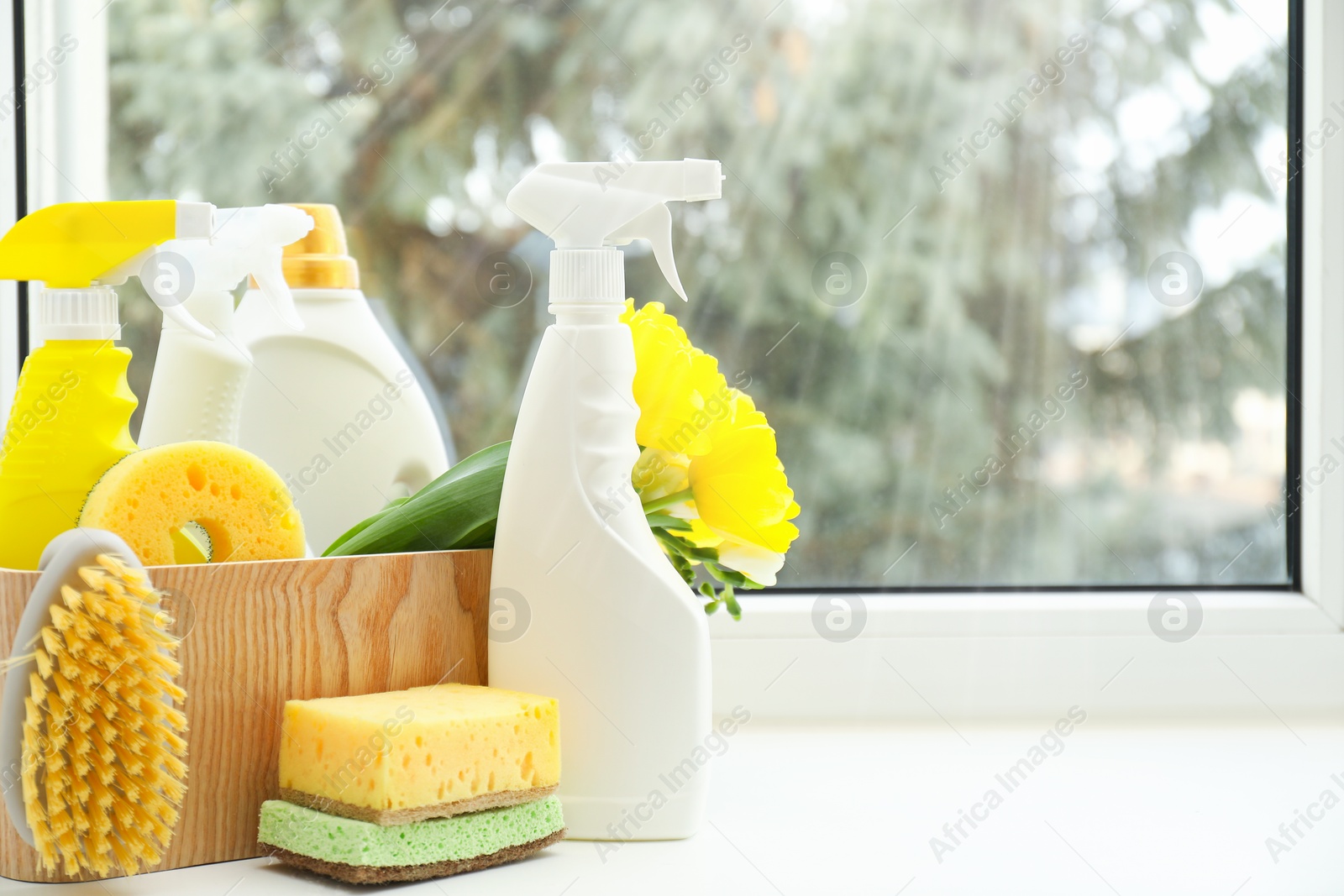 Photo of Spring cleaning. Detergents, supplies and flowers on windowsill indoors, space for text