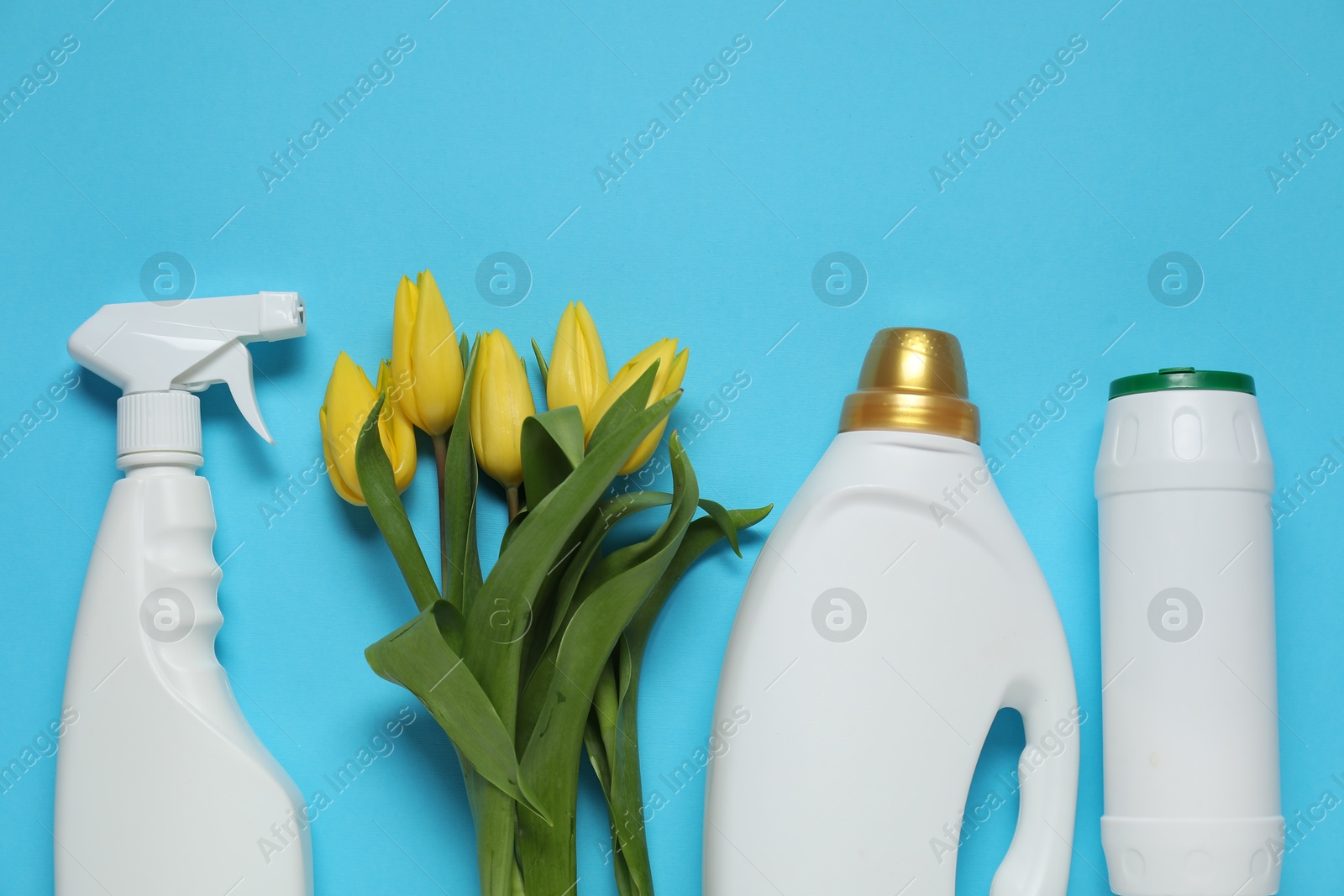 Photo of Spring cleaning. Detergents and tulips on light blue background, flat lay