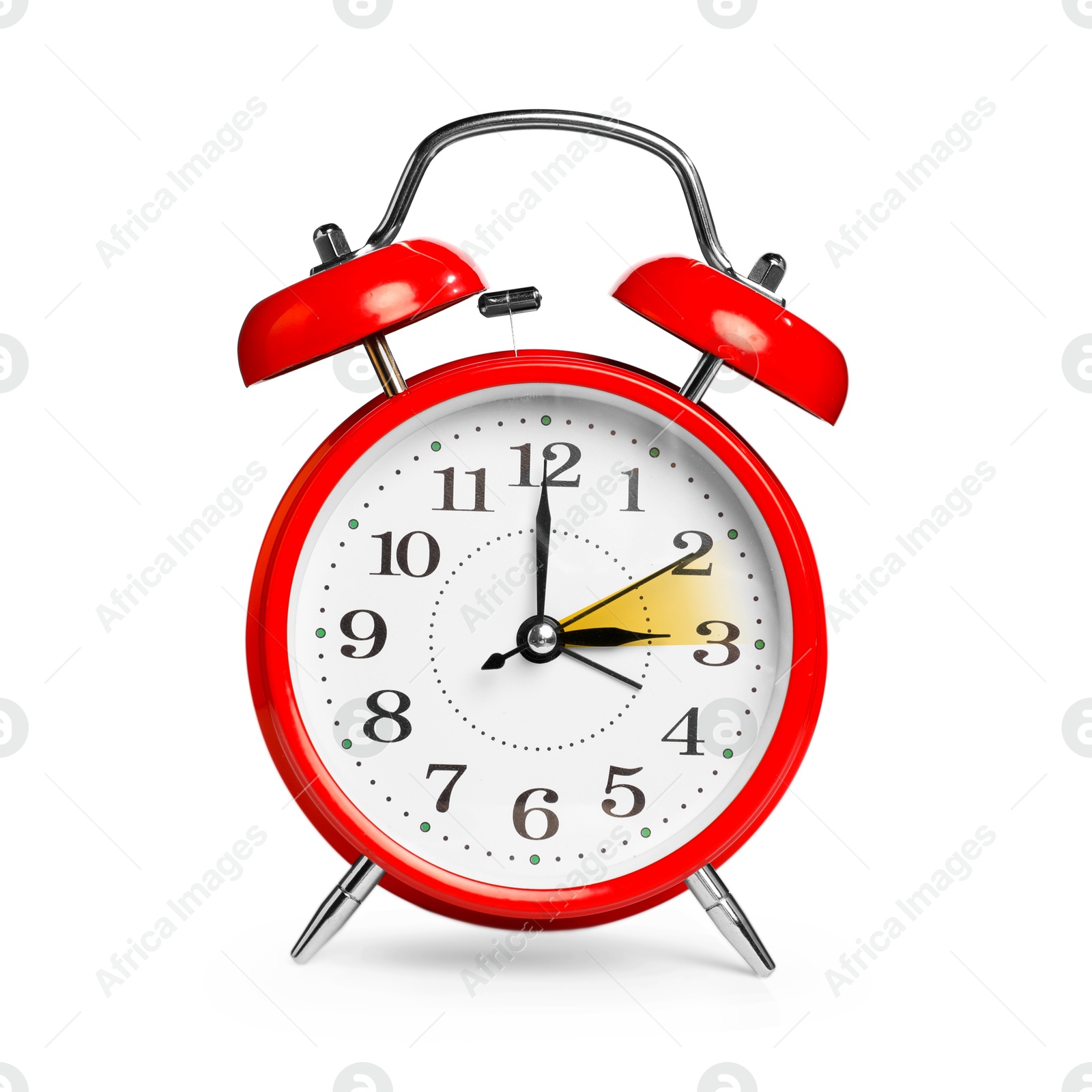 Image of Daylight saving time. Red alarm clock on white background. Highlighted area showing time change by one hour forward