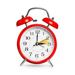 Image of Daylight saving time. Red alarm clock on white background. Highlighted area showing time change by one hour forward