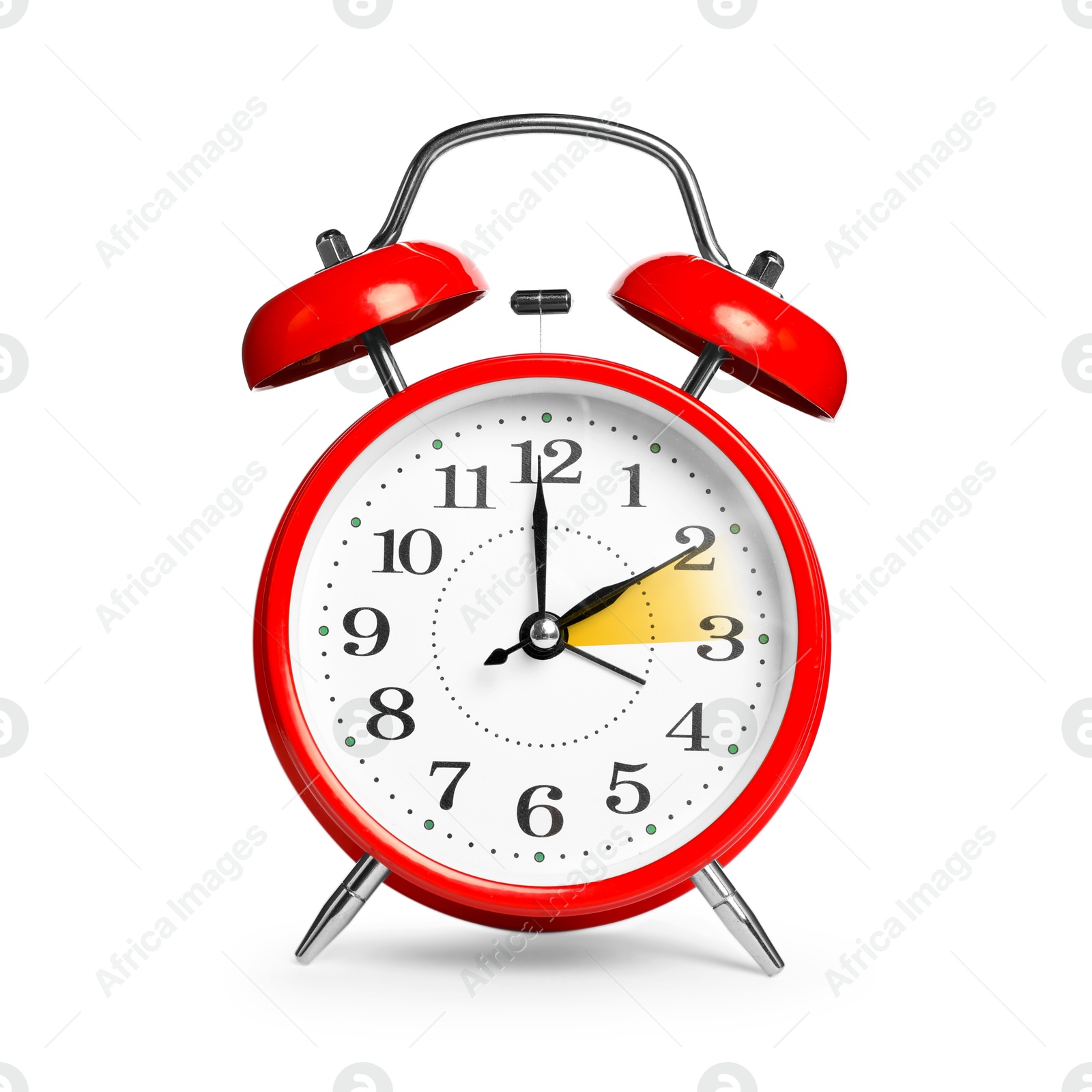 Image of Daylight saving time. Red alarm clock on white background. Highlighted area showing time change by one hour forward