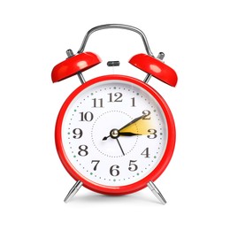 Image of Daylight saving time. Red alarm clock on white background. Highlighted area showing time change by one hour forward