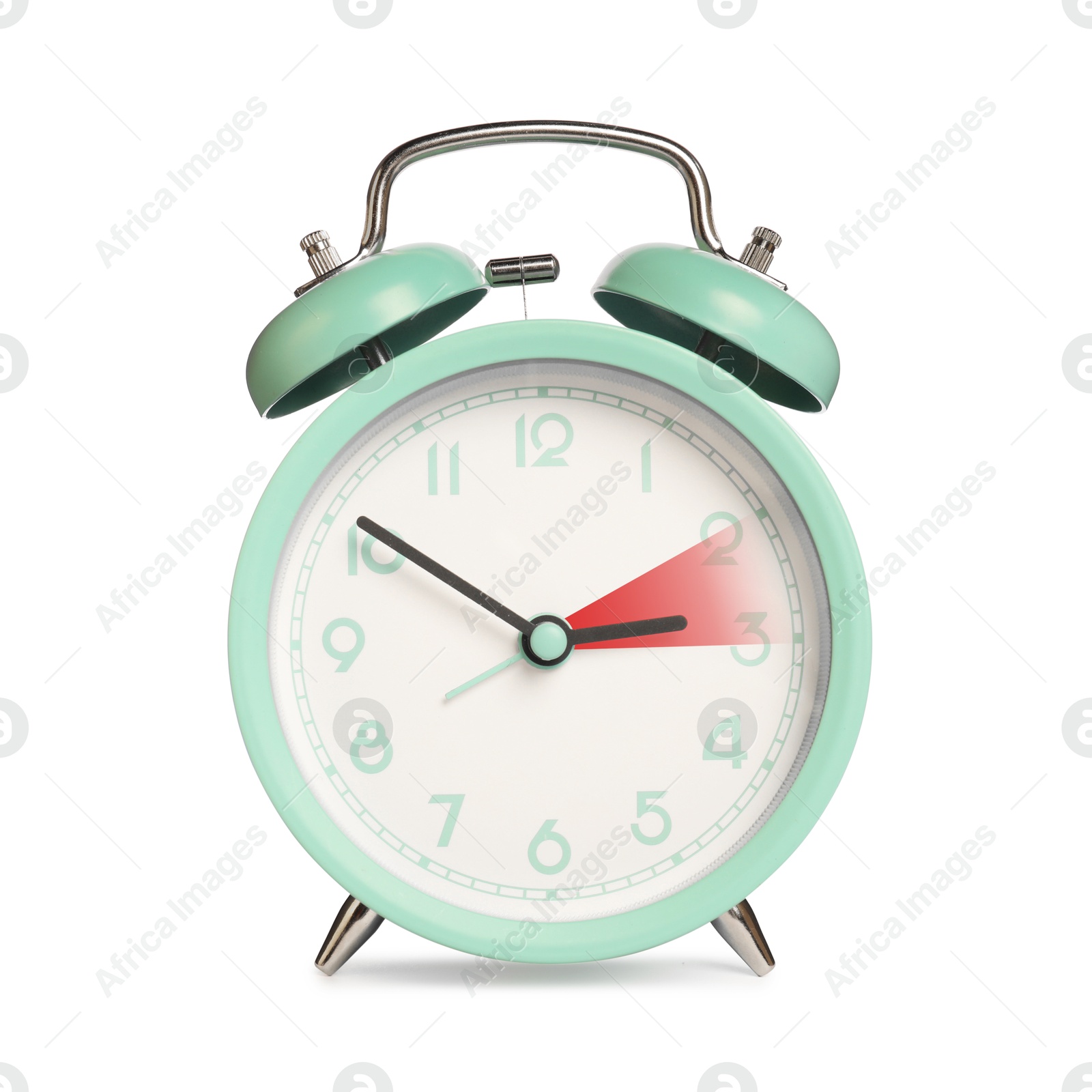 Image of Daylight saving time. Turquoise alarm clock on white background. Highlighted area showing time change by one hour forward