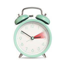 Image of Daylight saving time. Turquoise alarm clock on white background. Highlighted area showing time change by one hour forward