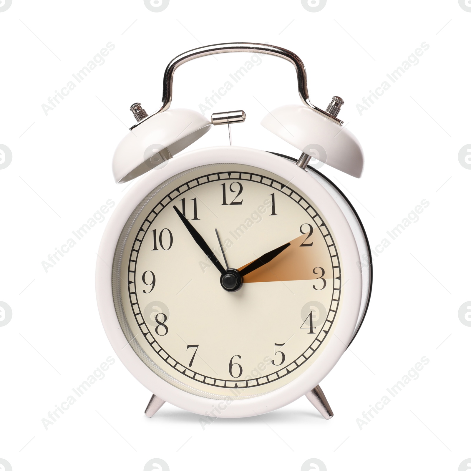 Image of Daylight saving time. Alarm clock on white background. Highlighted area showing time change by one hour forward