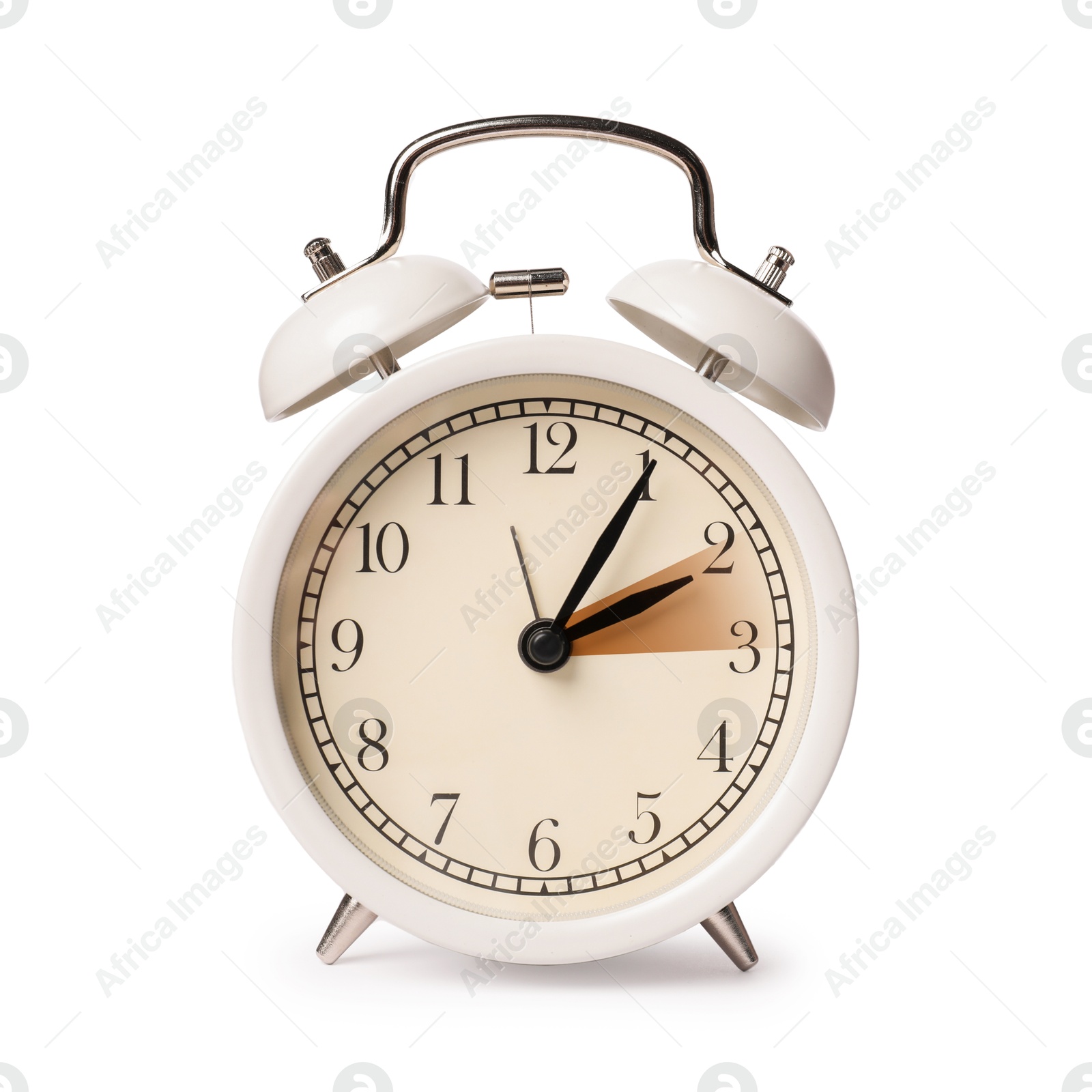 Image of Daylight saving time. Alarm clock on white background. Highlighted area showing time change by one hour forward