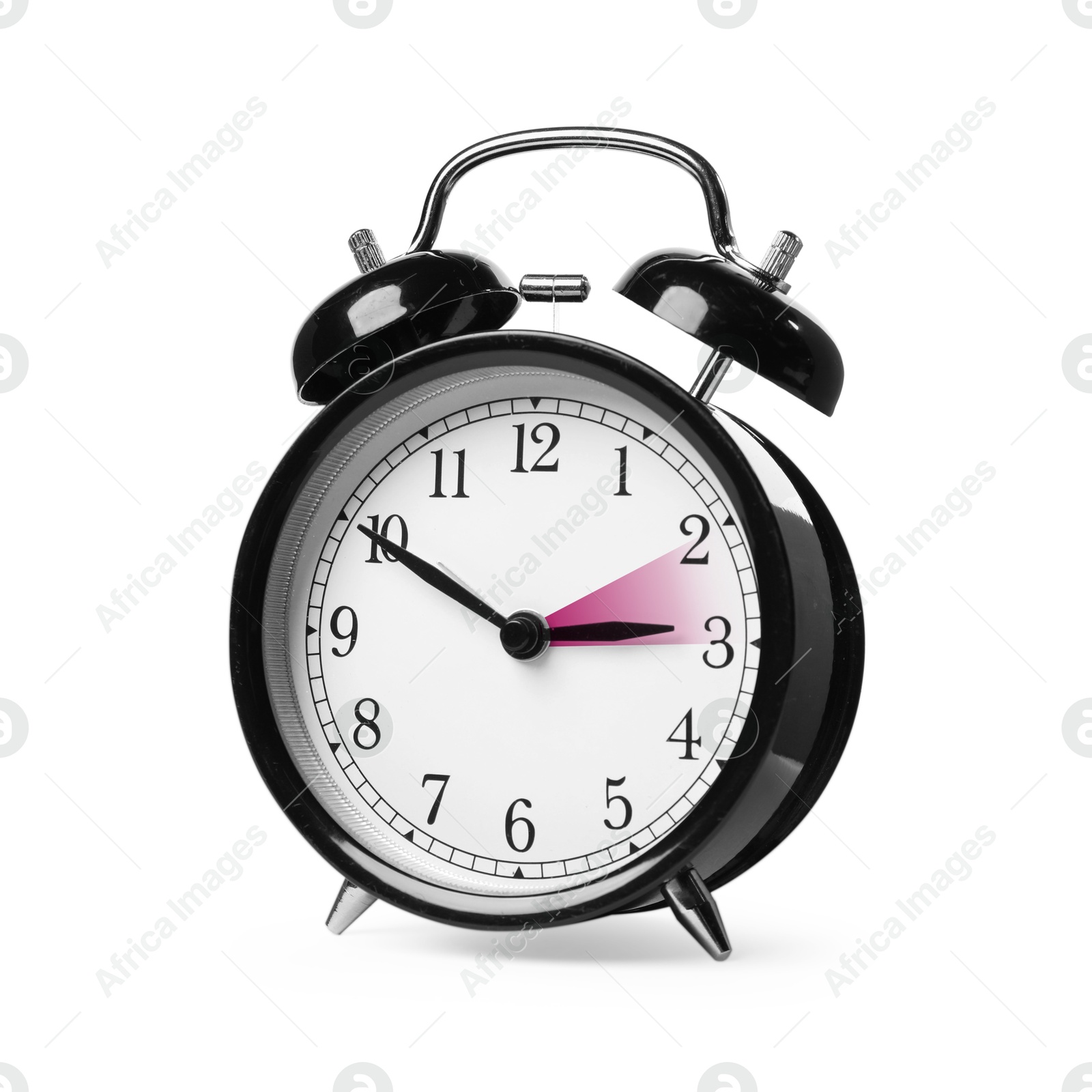 Image of Daylight saving time. Black alarm clock on white background. Highlighted area showing time change by one hour forward