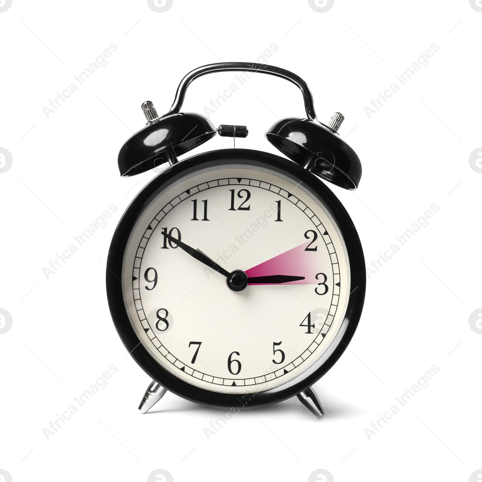 Image of Daylight saving time. Black alarm clock on white background. Highlighted area showing time change by one hour forward