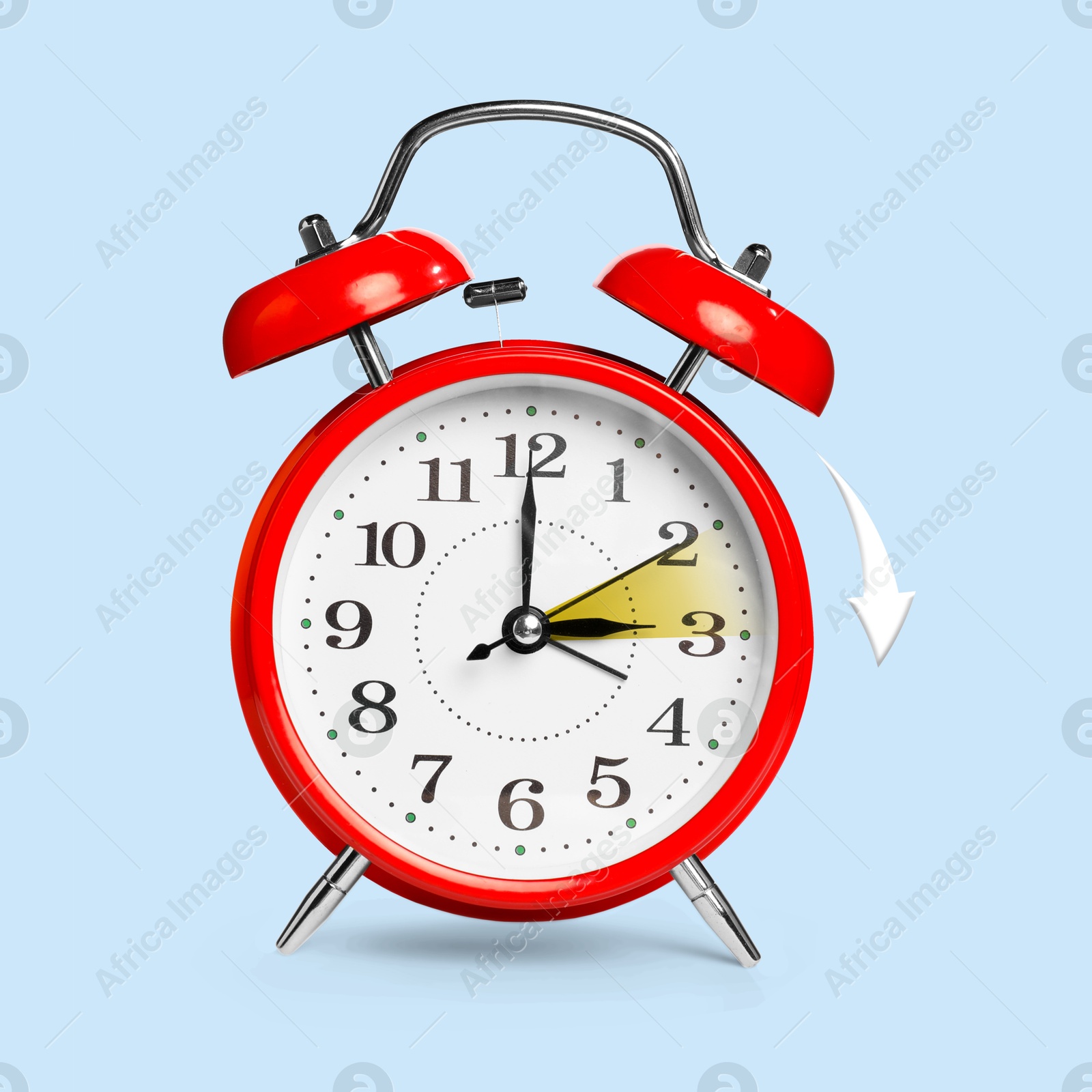 Image of Daylight saving time. Red alarm clock on light blue background. Highlighted area and arrow showing time change by one hour forward