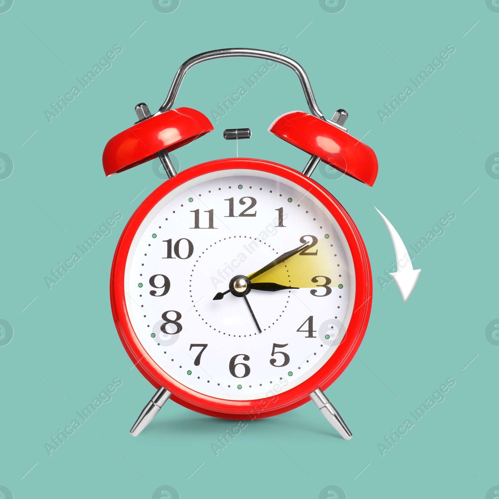 Image of Daylight saving time. Red alarm clock on pale turquoise background. Highlighted area and arrow showing time change by one hour forward