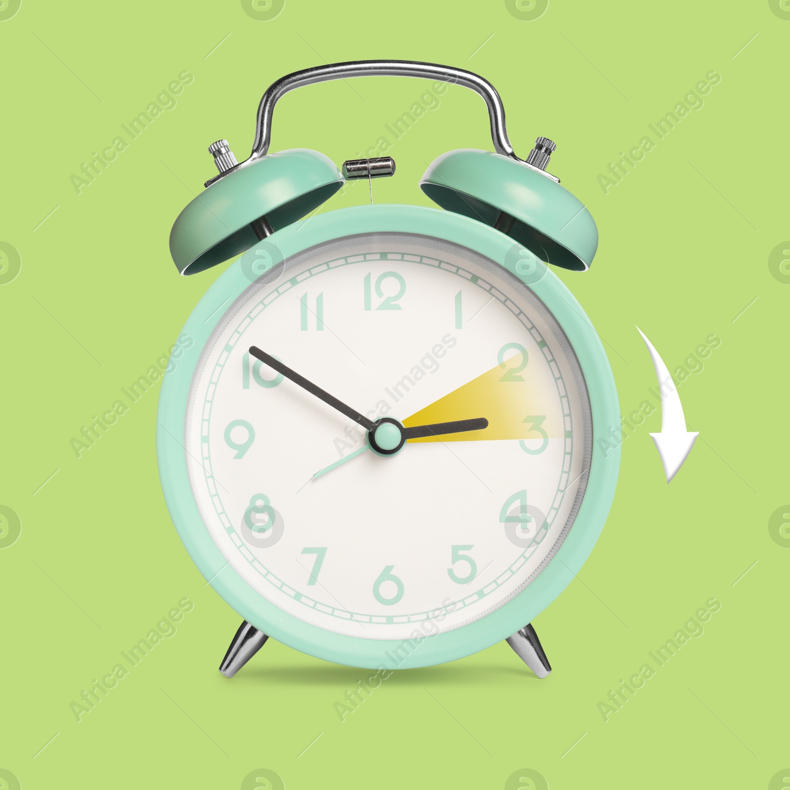 Image of Daylight saving time. Turquoise alarm clock on light green background. Highlighted area and arrow showing time change by one hour forward