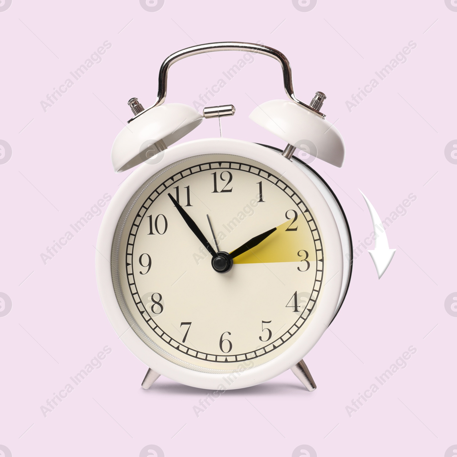 Image of Daylight saving time. White alarm clock on light pink background. Highlighted area and arrow showing time change by one hour forward