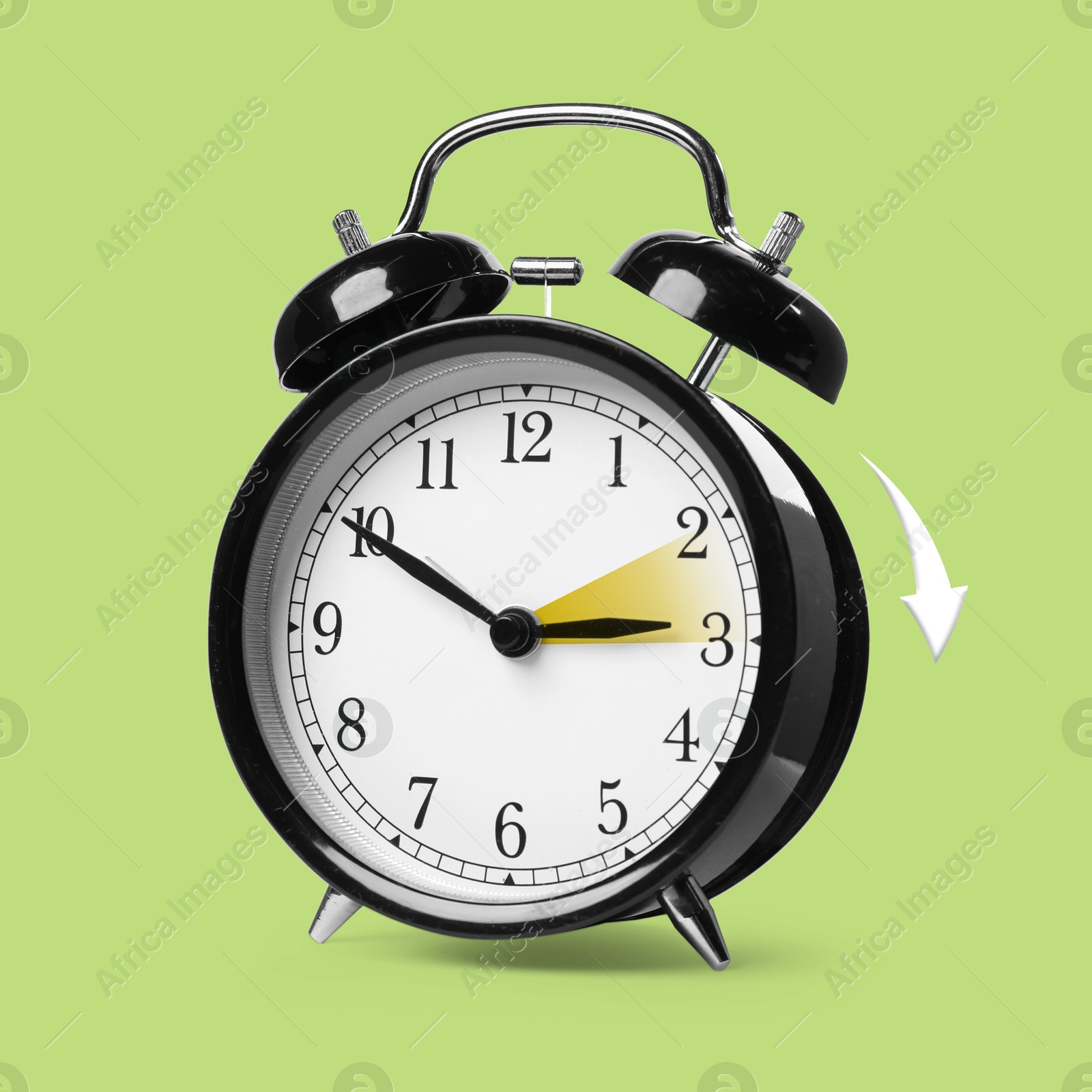 Image of Daylight saving time. Black alarm clock on light green background. Highlighted area and arrow showing time change by one hour forward