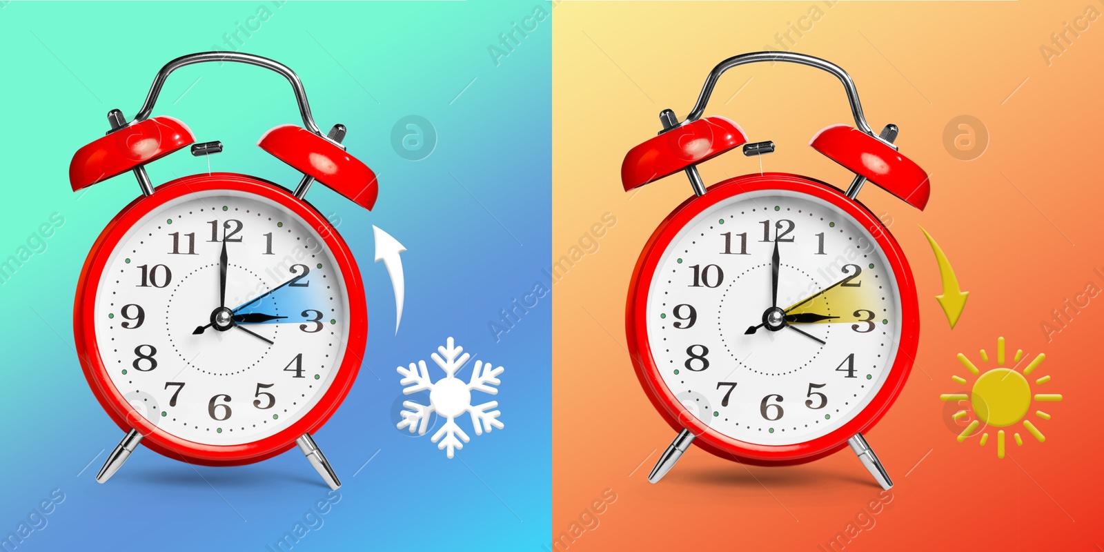 Image of Daylight saving time. Red alarm clocks on color background, collage. Highlighted areas and arrows showing time change by one hour forward and back