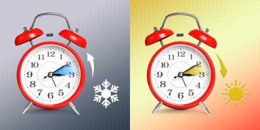 Image of Daylight saving time. Red alarm clocks on color background, collage. Highlighted areas and arrows showing time change by one hour forward and back