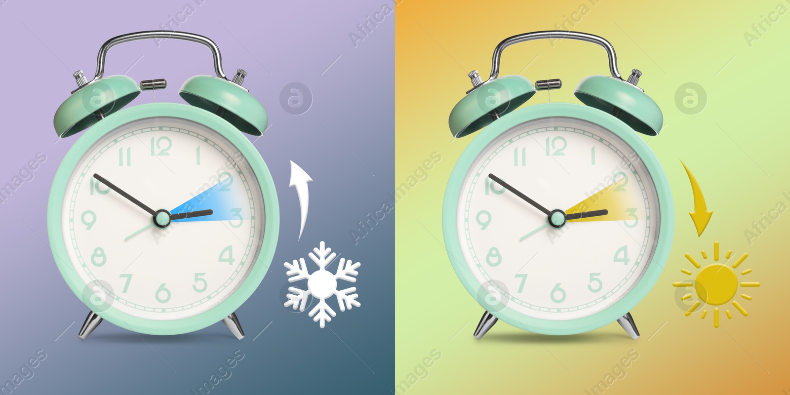 Image of Daylight saving time. Turquoise alarm clocks on color background, collage. Highlighted areas and arrows showing time change by one hour forward and back