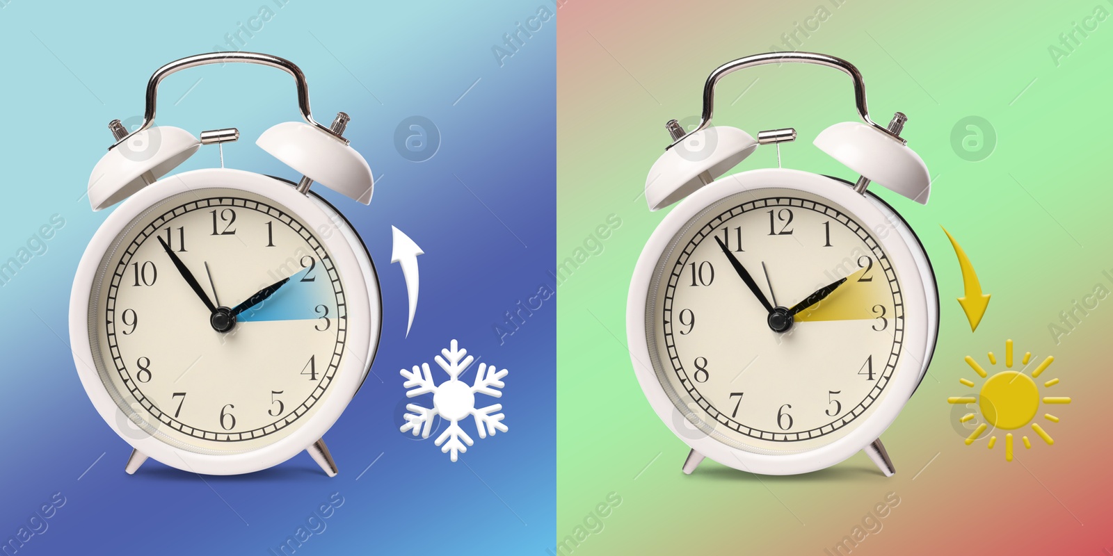 Image of Daylight saving time. White alarm clocks on color background, collage. Highlighted areas and arrows showing time change by one hour forward and back