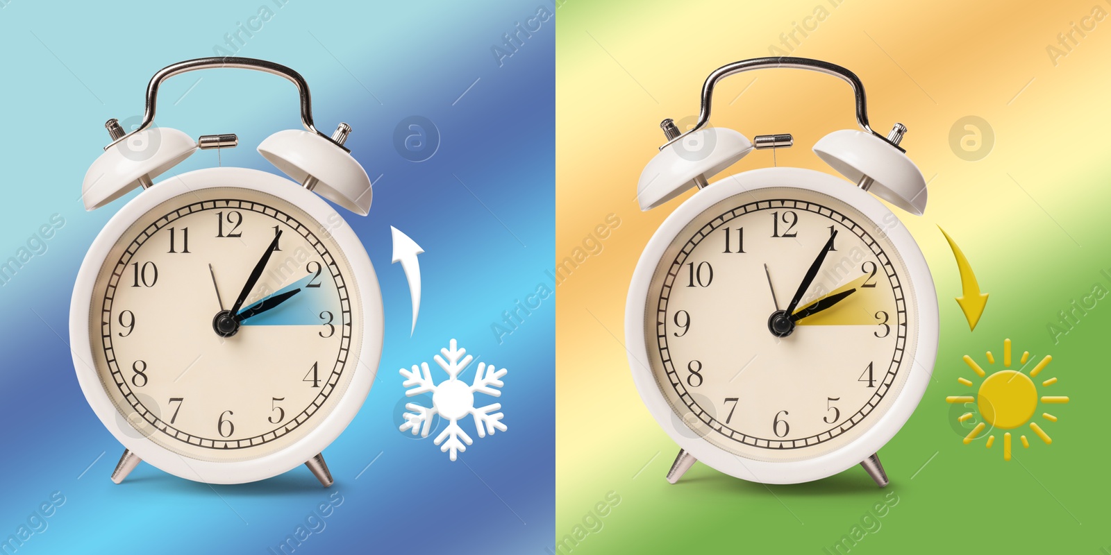 Image of Daylight saving time. White alarm clocks on color background, collage. Highlighted areas and arrows showing time change by one hour forward and back