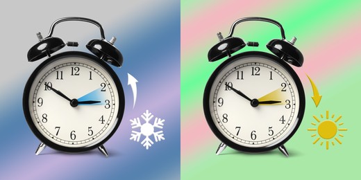 Image of Daylight saving time. Black alarm clocks on color background, collage. Highlighted areas and arrows showing time change by one hour forward and back