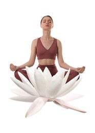 Image of Woman meditating and beautiful lotus flower on white background. Padmasana (yoga lotus position)