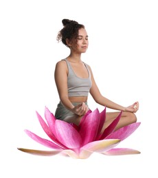 Woman meditating and beautiful lotus flower on white background. Padmasana (yoga lotus position)