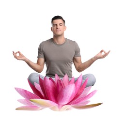 Image of Man meditating and beautiful lotus flower on white background. Padmasana (yoga lotus position)