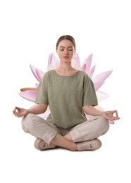 Woman meditating and beautiful lotus flower behind her on white background. Padmasana (yoga lotus position)