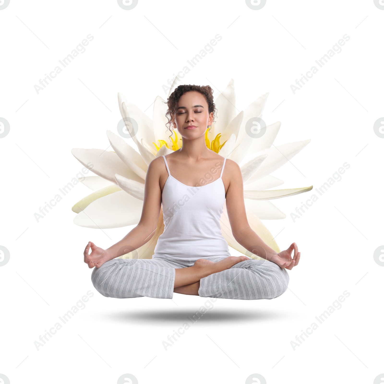 Image of Woman meditating and beautiful lotus flower behind her on white background. Padmasana (yoga lotus position)