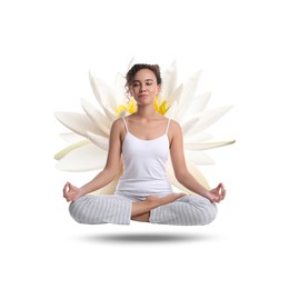 Woman meditating and beautiful lotus flower behind her on white background. Padmasana (yoga lotus position)