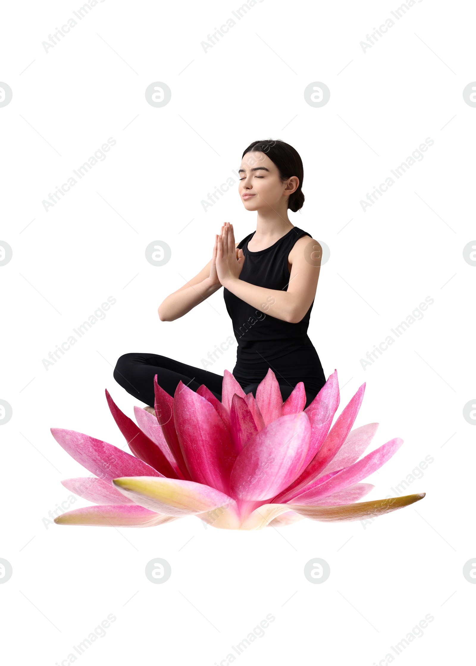 Image of Woman meditating and beautiful lotus flower on white background. Padmasana (yoga lotus position)