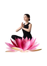 Woman meditating and beautiful lotus flower on white background. Padmasana (yoga lotus position)